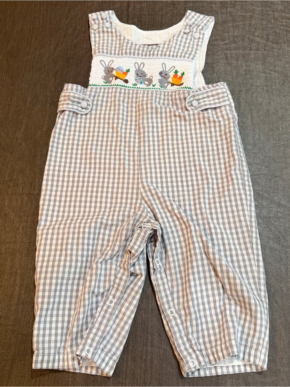 Lil Cactus Bunny Smocked Gingham Overalls Light Gray/White Sz 18-24M 100% Cotton